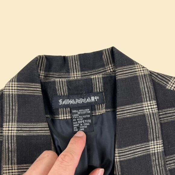 90s black & beige blazer jacket, size 10P vintage linen womens coat - Picture 5 of 10